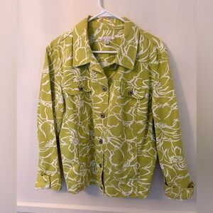 JM Collection Women Size 18  Denim Jacket Button Green Yellow Floral Jacket EUC